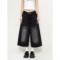 Women's Mid Rise Cropped Wide Leg Jeans Loose Fit Vintage Washed American Streetwear 7/8 Denim Capri Trousers S juoda pilka spalva