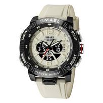 SMAEL 8058 Diver Tonneau Outdoor Sports Waterproof LED Plastic Electronic Watch PU Student Digital Alarm Luminous Unisex 50 Bar chaki