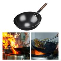 Non-Stick Wok Pan Traditional Cooking with Wooden Handle Kettle Pots Universal Gas Cookware 32CM_With ear black