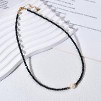 Exquisite Freshwater Pearl & Black Crystal Stainless Steel Clavicle Necklace gray