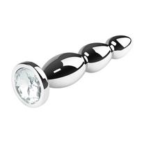 SuperLove Triple Bead Jewel Metal Butt Plug Silver-Clear Gem