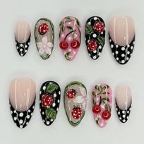 24Pcs Black French Almond Press On Nails Mid Length Cute Flower Design Full Cover Fake Nail Tips gray