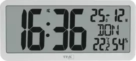 TFA 60.4525.02 Baltas radijo bangomis valdomas laikrodis su patalpų klimato rodmenimis