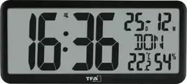 TFA 60.4525.01 Juodas radijo bangomis valdomas laikrodis su patalpų klimato rodmenimis
