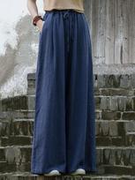Women's Elastic Waist Wide Leg Pants Loose Fit Palazzo Pants Casual Commute Cotton Trousers With Pockets M tamsiai mėlyna