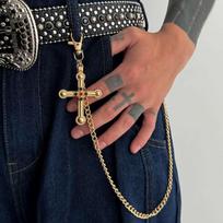 PuRui Hip Hop Exquisite Gold Color Lobster Claw Buckle Belt Chain Men Punk Vintage Jeans Chain Rhinestone Cross Pendant Zircon brown
