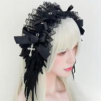 Gothic Harajuku Steampunk Y2K Wing Headwear Bow Headband Lolita Gothic Dark Angel Headwear and Hair Accessories juoda
