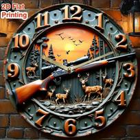 Winchester stiliaus kaimiško namelio sieninis laikrodis - Tylus nebaksinėjantis kvarcinis mechanizmas, Vintažinis medžioklės dekoras su šautuvu, briedžiu, elniu (as the picture,10x10 inch) gray