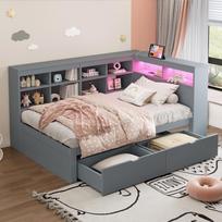 Kietmedžio sofa 90*200 cm, Lova su USB ir rozete su LED juosta, Su lentynomis ir laikymo skyriais, Daugiafunkcinė viengulė medinė lova, Pilka 222.3 x 116 x 90.5 cm pilka