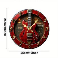 Vintage Guitar Wooden Round Silent Hanging Wall Clock, Suitable For Living Room, Office, Study Room, Bedroom, Home Decoration (as the picture,10 inch) red