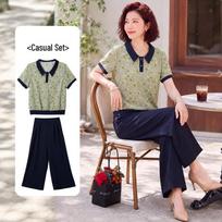 Women's Floral Lapel T-shirt & Wide-leg Pants Set XL žalia