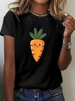 Cute Cartoon Carrot Illustration Print Tshirt Short Sleeve Crew Neck Casual Top for Summer Spring Unisexs Clothing Y2K Top S black