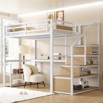 140*200 Metal Bunk Bed with Storage Ladder with Shelves and Table, Safety Fence Design with Spliced Planks, Iron Frame Bed for Stable Support, White 255 x 145 x 175 cm balta
