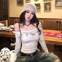 Girls Y2K T-shirts Streetwear Sexy Women Tees Long Sleeve Party Wear Fashion Lady Tees For Club Bar XL brown