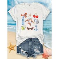 Light Beige-Friendly Mediterranean Summer Print Vibrant Lobster Oysters Cherries Roostertails Lemon Sleeve Aesthetic S white