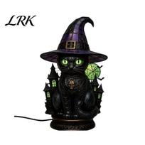 Purple Pink Ambient Light Stained Glass Witch Hat Lamp, Halloween Black Cat Ghost Raven Night Creative Desktop Ornament Light, Gothic Retro A black