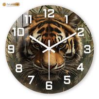 Realistic Tiger Head in Jungle Wall Clock, Wild Animal Art Home Decor, Silent Quartz Movement Decorative Timepiece 10 inch black