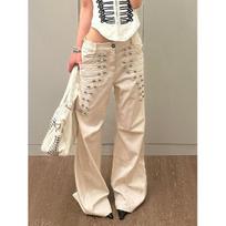 American-style spicy girl multi-row metal buckle jeans for women, summer thin street style, unique design, versatile, slimming, floor-length pants XS smėlis