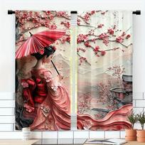 Set Of 2 Vibrant Japanese Geisha Spring Curtains Polyester Sakura Fuji Mountain Design Bedroom Outdoor Festival Decor Made Window Treatment W100*H70(CM)-Rod Pocket&1PCS gray