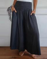 Women's Elastic Smocked Waist Wide Leg Pants Loose Fit Casual Palazzo Pants Solid Color Summer Flowy Trousers With Pockets S black