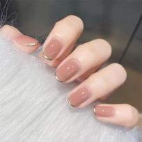 24Pcs Short French Press On Nails Pink Glitter Pearlized Fake Nail Tips Cute Natural Sweet beige