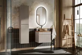 Vonios baldų komplektas Comad Iconic Cashmere 60 cm su stalviršiu, praustuvu, aukšta spintele ir LED veidrodžiu, smėlinė