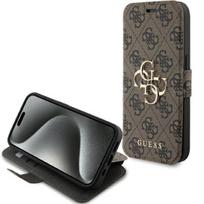 Guess atverčiamasis dėklas „iPhone 15 Pro“ telefonui (4G Big Metal Logo), rudas