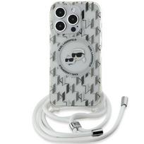Karl Lagerfeld dėklas iPhone 15 Pro su virvele Monogram Karl & Choupette, skaidrus