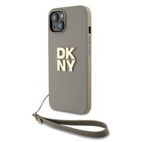 DKNY dėklas iPhone 15 Plus telefonui su riešo dirželiu, smėlio spalvos
