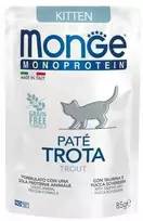 Monge Monoprotein Kitten begrūdis konservuotas pašaras jaunoms katėms su upėtakiu 85g