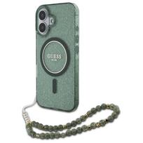 Guess dėklas iPhone 16 Plus telefonui IML Glitter MagSafe su perlų dirželiu, žalias