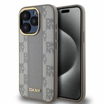 DKNY dėklas iPhone 15 Pro telefonui Leather Checkered Mono MagSafe, smėlio spalvos