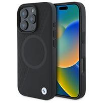 BMW dėklas iPhone 16 Pro Max telefonui „Sign Leather Half Textured MagSafe“, juodas