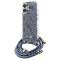 Guess dėklas iPhone 16 telefonui su virvele Crossbody Cord 4G Print, mėlynas
