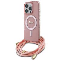 Guess dėklas iPhone 16 Pro Max su virvele Crossbody Cord Script MagSafe, rožinis
