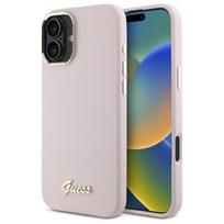 Dėklas Guess Silicone Script Metal Logo & Frame telefonui iPhone 16, rožinis