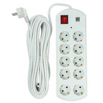 Ilgiklis 10m, 10 lizdų, 2x USB, su jungikliu, baltas