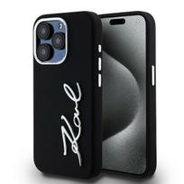 Karl Lagerfeld dėklas iPhone 15 Pro Max telefonui Silicone Metal Script Logo, juodas