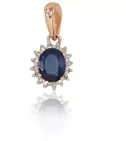 Auksinis pakabukas su brangakmeniais. Metalas: Raudonas Auksas. Praba: 585°. Akmuo: Briliantai , Safyras - 0.52 g. - 14 mm. - Briliantai (0,042Ct), Safyras (0,49Ct)
