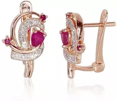 Auksiniai auskarai anglišku užsegimu, Raudonas Auksas, Briliantai , Rubinas - 3.24 g. - 16 mm. - Briliantai (0,082Ct), Rubinas (0,452Ct)