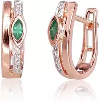 Auksiniai auskarai anglišku užsegimu, Raudonas Auksas, Briliantai , Smaragdas - 2.04 g. - 14 mm. - Briliantai (0,03Ct), Smaragdas (0,176Ct)