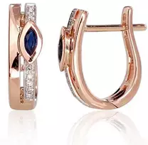 Auksiniai auskarai anglišku užsegimu, Raudonas Auksas, Briliantai , Safyras - 2.1 g. - 14 mm. - Briliantai (0,032Ct), Safyras (0,145Ct)
