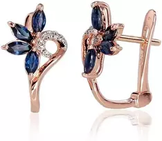 Auksiniai auskarai anglišku užsegimu, Raudonas Auksas, Briliantai , Safyras - 1.96 g. - 15 mm. - Briliantai (0,028Ct), Safyras (0,868Ct)