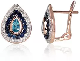 Auksiniai auskarai anglišku užsegimu, Raudonas Auksas, Briliantai , Safyras,Briliantai , Safyras , Mėlynas topazas - 3.79 g. - 14 mm. - Briliantai (0,14Ct), Safyras (0,45Ct), Mėlynas topazas