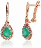 Auksiniai auskarai anglišku užsegimu, Raudonas Auksas, Briliantai , Smaragdas - 1.54 g. - 20 mm. - Briliantai (0,068Ct), Smaragdas (0,503Ct)