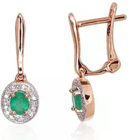 Auksiniai auskarai anglišku užsegimu, Raudonas Auksas, Briliantai , Smaragdas - 1.95 g. - 18 mm. - Briliantai (0,072Ct), Smaragdas (0,326Ct)