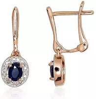 Auksiniai auskarai anglišku užsegimu, Raudonas Auksas, Briliantai , Safyras - 1.94 g. - 18 mm. - Briliantai (0,072Ct), Safyras (0,516Ct)