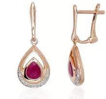 Auksiniai auskarai anglišku užsegimu, Raudonas Auksas, Briliantai , Rubinas - 2.96 g. - 24 mm. - Briliantai (0,056Ct), Rubinas (0,796Ct)