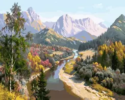 SuperColor Tapyba Pagal Skaičius: „Kalnų upės slėnio peizažas“ 40x50 cm