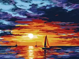 SuperColor Tapyba Pagal Skaičius: „Ugninis saulėlydis su burlaiviais“ 30x40 cm